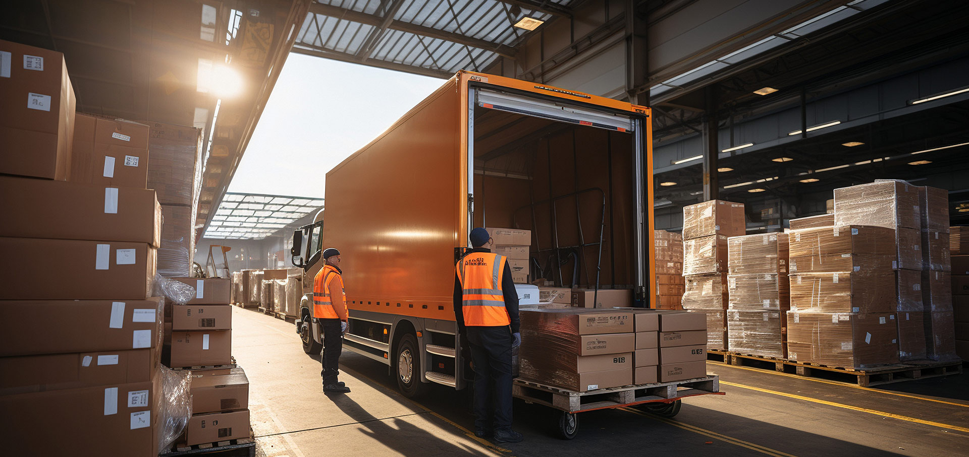 Ariel view of a lorry careening down a road with with a meadow and bunch of trees either side